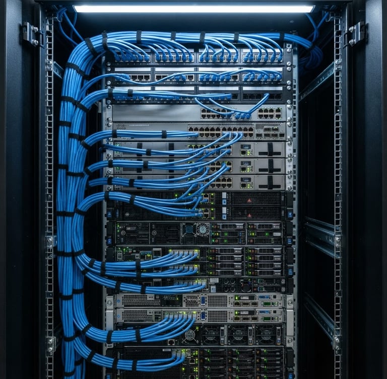 Clean, organized server rack with blue network cables, bright utility lighting, crisp technical details, cool blue and metallic tones, sharp focus.