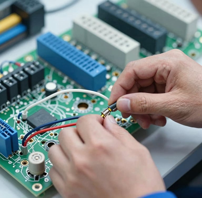 Close-up of a technician's hands carefully connecting wires to an industrial circuit board, focus on precision and technical detail, clean bright lighting, cool blue and metallic tones.