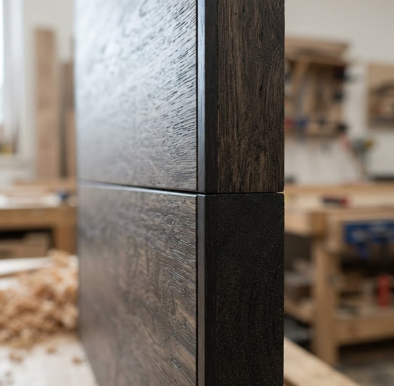 Extreme macro close-up of perfectly flush edge-banding on a dark oak veneer panel, diffused architectural workshop lighting, sharp focus, 50mm lens