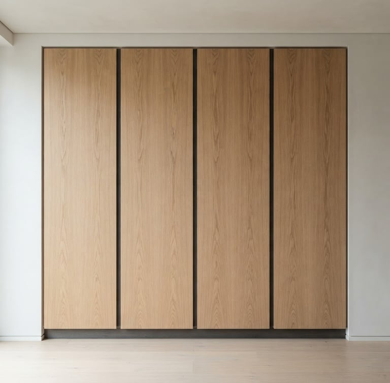 Straight-on architectural elevation of a floor-to-ceiling minimalist wardrobe, flawless vertical oak grain, deep charcoal linen shadows, 50mm lens