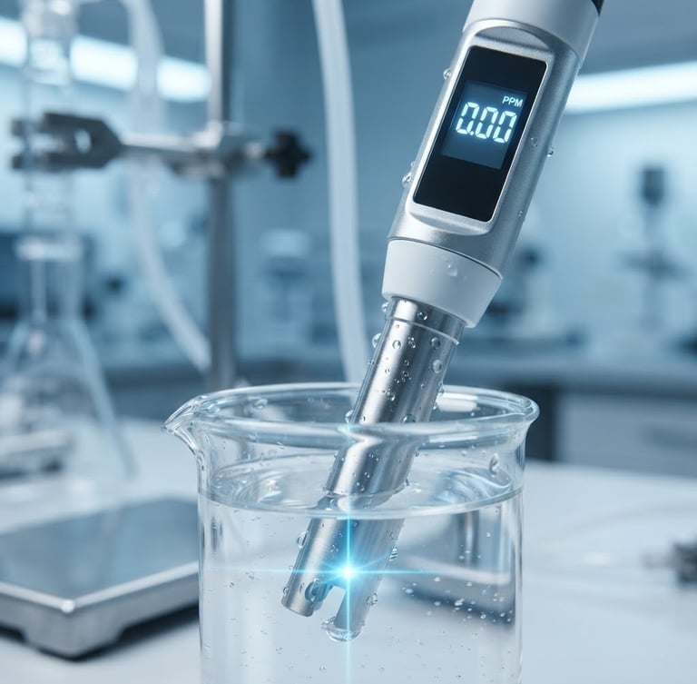 Macro shot of a high-precision digital TDS meter displaying a perfect 0.00 reading inside a sterile laboratory, cool blue laser light reflecting off pure water droplets, ultra-sharp focus.