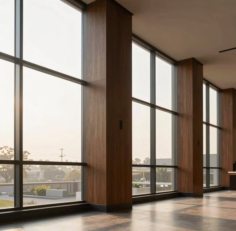 Minimalist modern commercial interior in Greater Noida, bright natural daylight streaming through tall windows, sharp focus, professional editorial style.