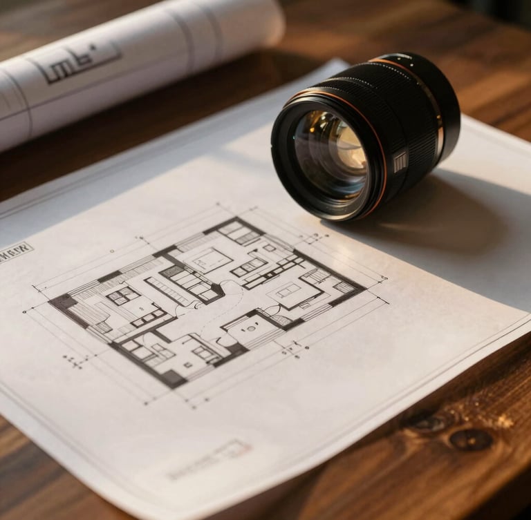 Professional close-up of architectural blueprints on a dark wooden table with warm side lighting, sharp focus, 35mm lens.