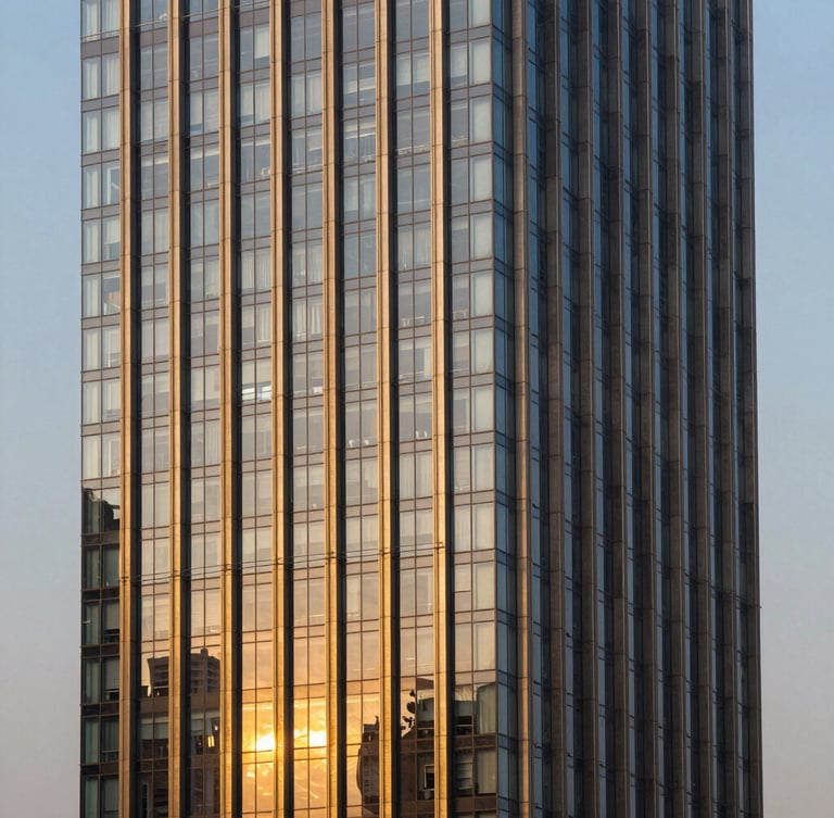 Architectural golden-hour shot of a modern high-rise glass facade in Noida, straight vertical lines, professional editorial style.