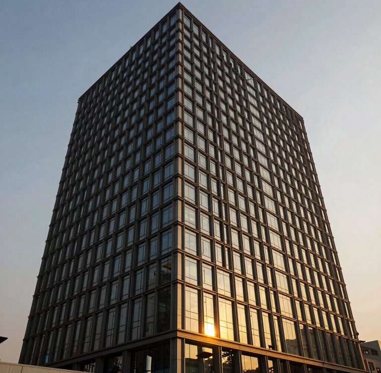 Wide-angle architectural exterior of a modern steel and glass commercial high-rise in Noida, golden-hour sunlight reflecting off structural grid lines