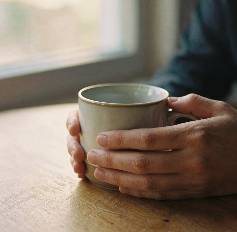 Close-up of hands holding a warm ceramic mug on a wooden table, soft golden-hour window light, earthy muted tones, 35mm film texture