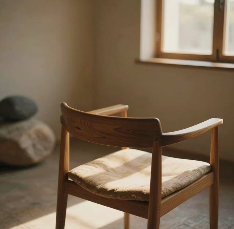 Quiet, warm interior therapy space with a wooden chair, natural elements like stones catching soft light, earthy muted tones, shallow depth of field, 35mm film texture.
