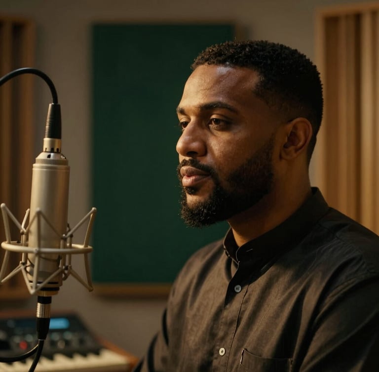 Cinematic medium close-up of a nasheed artist in a professional recording studio, low-key warm golden backlighting, deep green shadow accents, 35mm