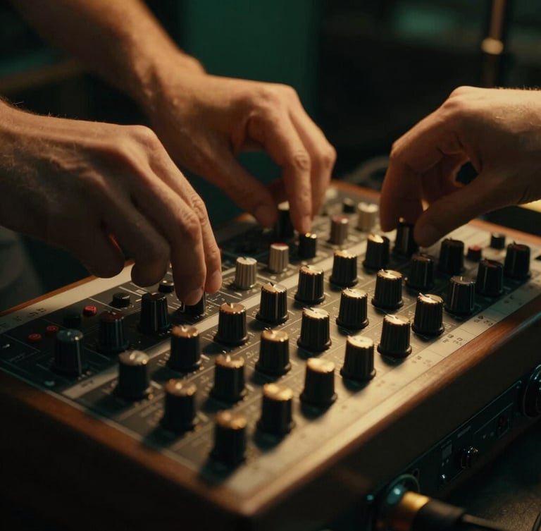Close-up of hands adjusting a premium wooden audio mixer in a moody studio, soft golden light hitting the metallic knobs, deep green shadows