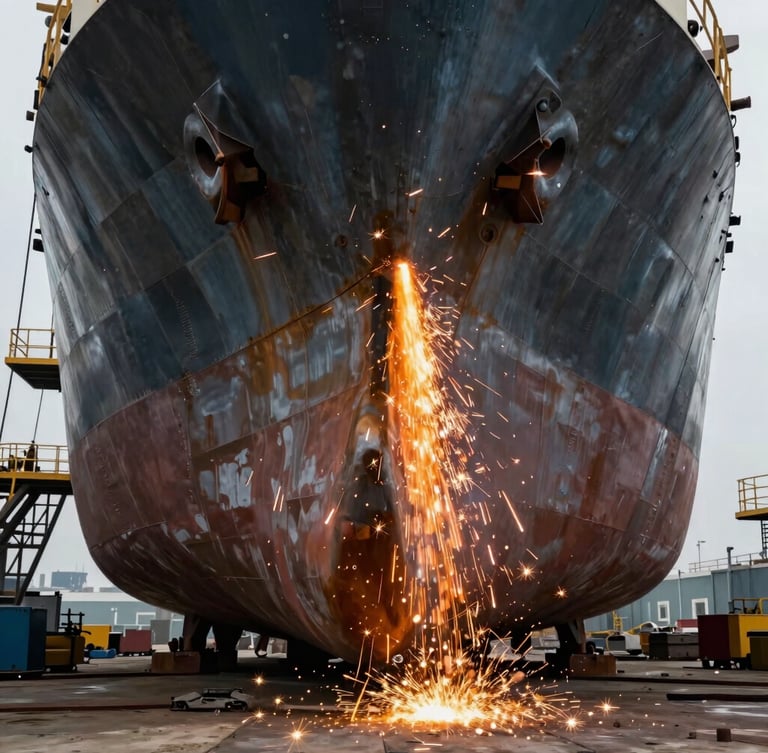 Dramatic portrait view of a massive raw steel ship hull under construction inside a dark drydock, bright orange welding sparks cascading down the side.