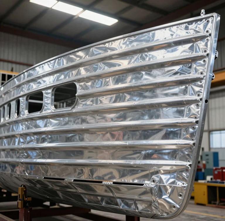 Close-up of a raw aluminum hull under construction in a shipyard, sharp structural ribs, clean robotic welds, overhead industrial lighting.