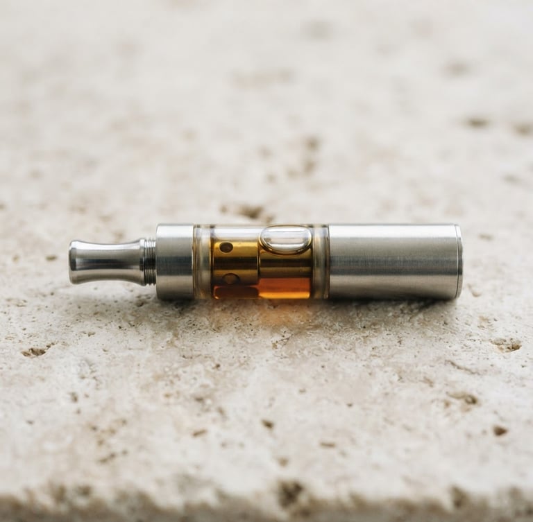 Close-up of a sleek, minimalist metallic vape cartridge resting on a light-colored natural stone surface under soft diffused daylight.