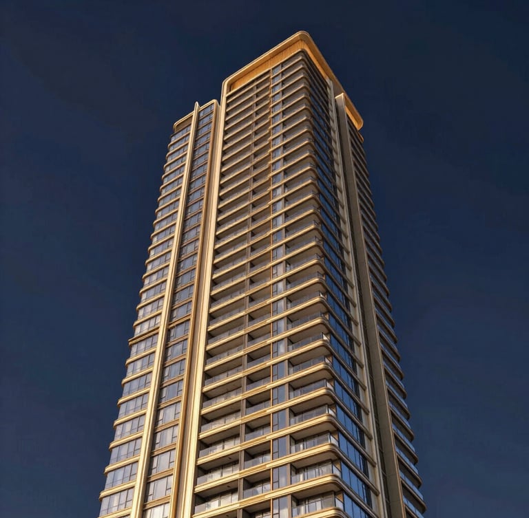 Architectural rendering of a modern high-rise luxury tower, warm golden-hour exterior lighting, deep navy sky, showcasing sleek balconies and premium glass facade