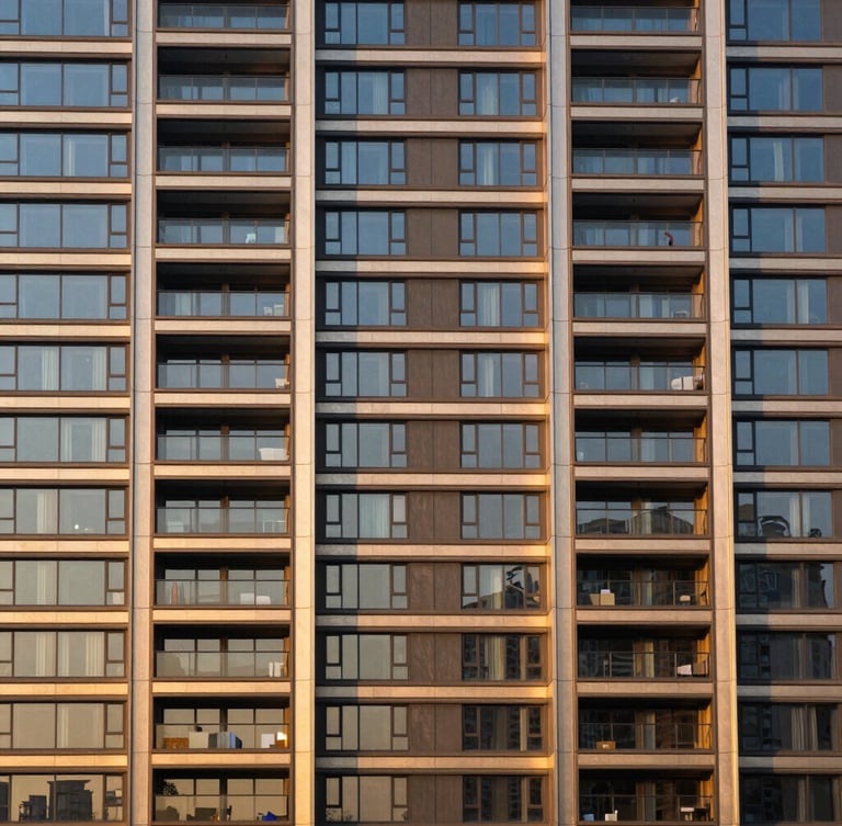 Symmetrical architectural shot of a modern luxury residential tower facade at golden hour, deep navy shadows and warm golden light reflecting off glass panels.