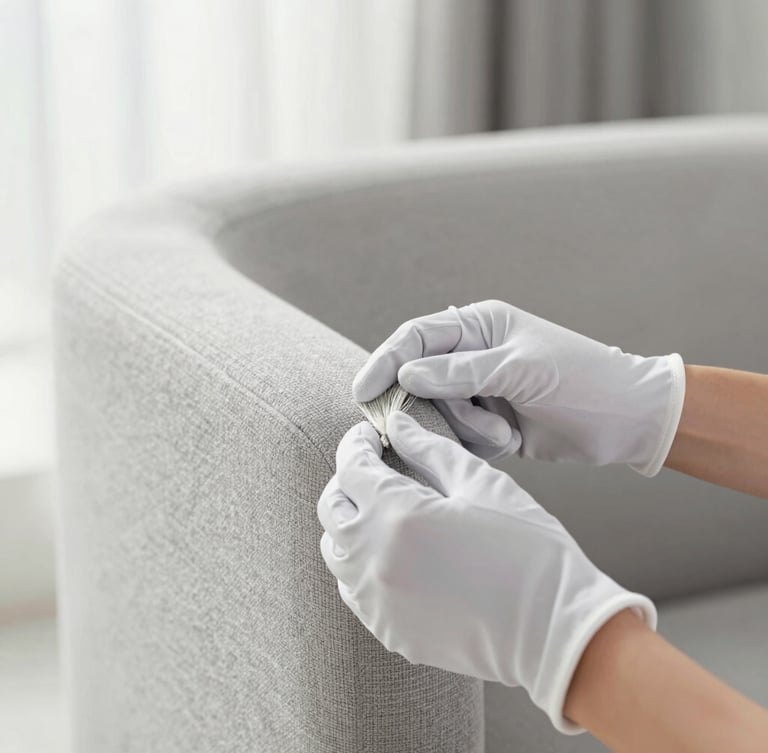 Close-up of professional hands wearing white technical gloves carefully inspecting the fiber of a light gray designer armchair, bright clinical lighting, soft focus