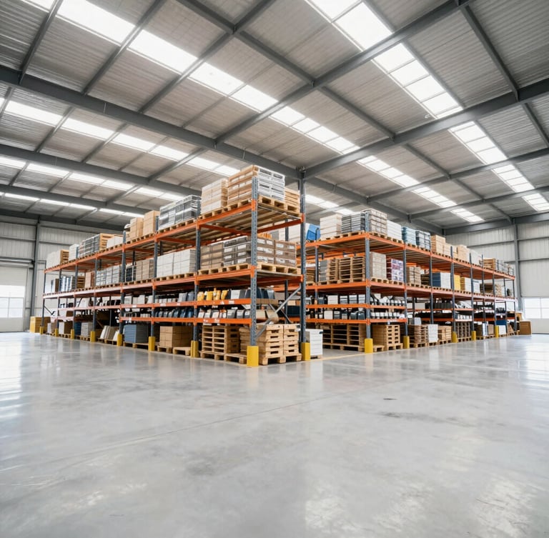 Wide-angle commercial photograph of a modern high-bay warehouse in Maputo, organized pallet racks, bright daylight streaming through skylights, clean corporate tones.