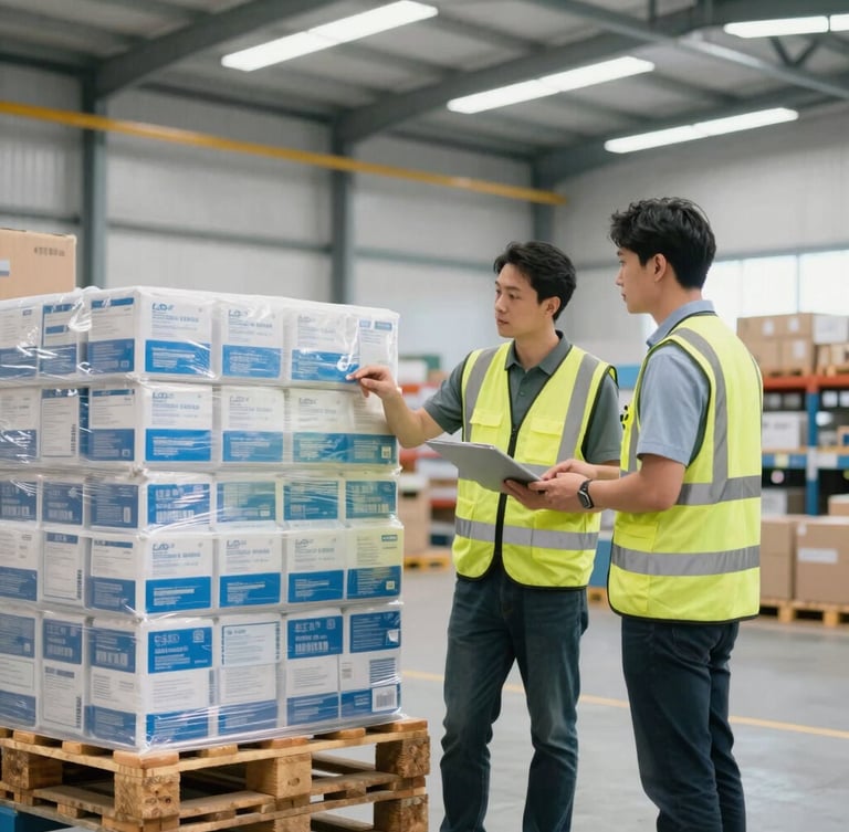 Medium shot of professional logistics staff in high-visibility gear inspecting pallet-ready wholesale consumer goods under bright warehouse lighting.