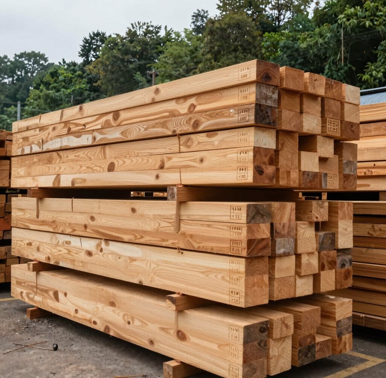 Wide-angle industrial lumber yard with perfectly stacked kiln-dried pine timber, overcast natural daylight, sharp focus on wood grain stamps