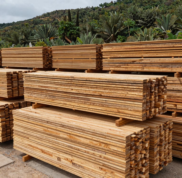 Wide-angle industrial timber yard in Castellon Spain, massive stacks of kiln-dried pine wood lumber under clean daylight, sharp focus on wood grain, professional documentary style