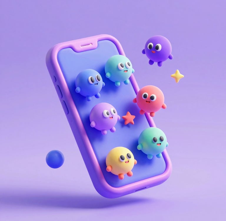 Vibrant 3D render of a chunky, glossy clay-textured smartphone floating in a lavender void, whimsical 8-bit characters spilling out of the screen, bright pastel neon lighting, playful isometric depth of field.