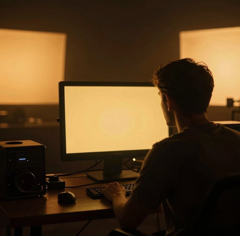 Behind-the-scenes director monitor in a dark, atmospheric studio setup, glowing amber screens, soft haze, cinematic depth of field, 35mm film grain.