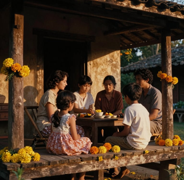 Cinematic film still of a family gathered on a traditional wooden veranda decorated with yellow marigold flowers, warm golden-hour chiaroscuro lighting, 35mm grain.