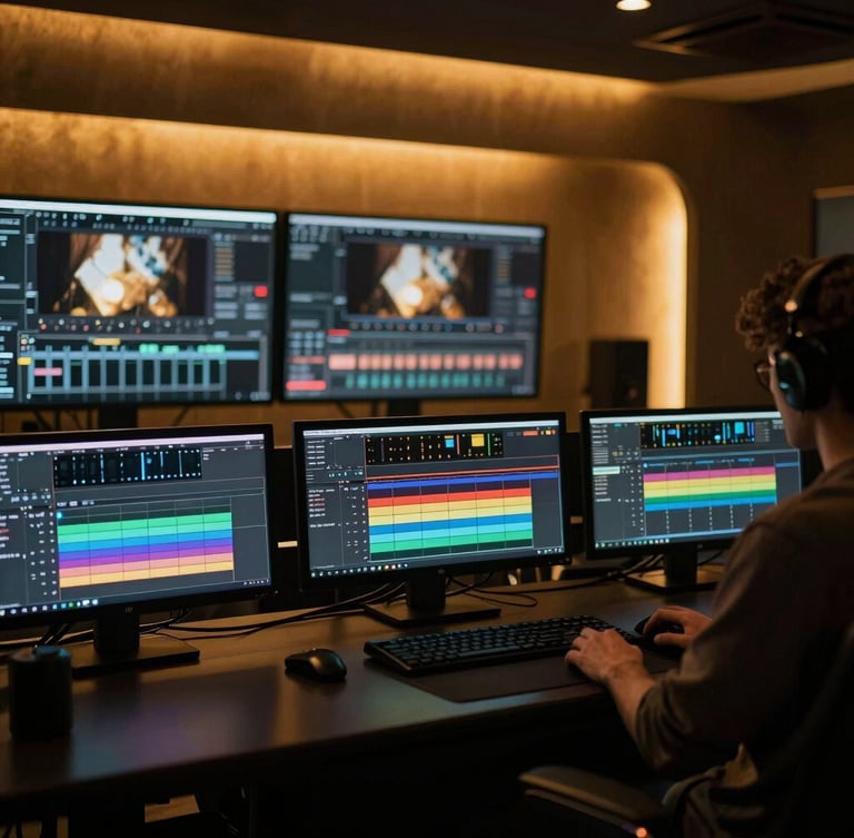 Cinematic interior of a high-end film editing suite, warm gold bias lighting behind widescreen monitors displaying color-grading timelines, moody obsidian studio atmosphere, 35mm film grain