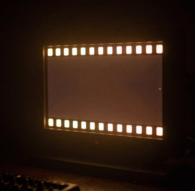 A low-key cinematic director's monitor glowing in a dark studio haze, displaying a high-contrast anamorphic film frame, warm amber backlighting, 35mm grain.