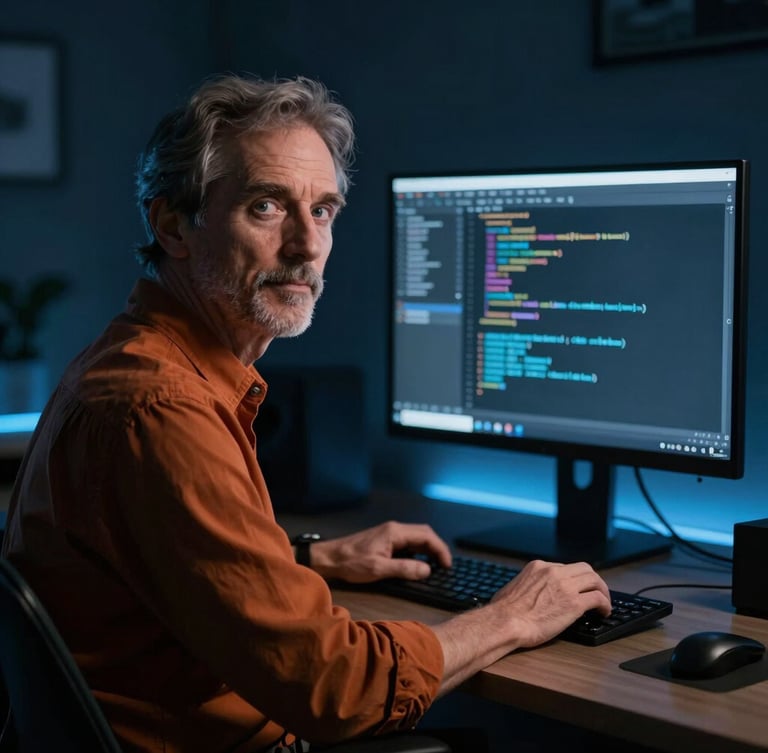 Low-key moody portrait of a seasoned developer in a dark workspace, cool blue ambient light reflecting on a clean monitor displaying structured code, 35mm lens