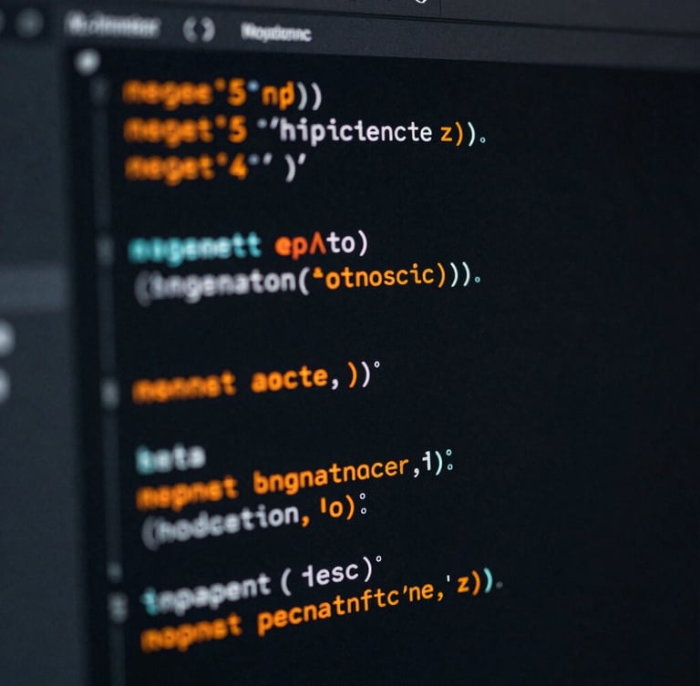 Macro close-up of a dark-mode code editor showing clean Python syntax, sharp safety-orange highlights, moody studio lighting, 35mm lens