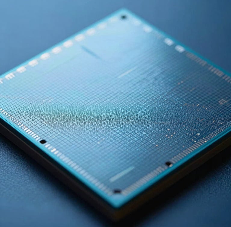 Ultra-macro texture shot of a silicon wafer under cool clinical blue studio lighting, high-contrast geometric patterns