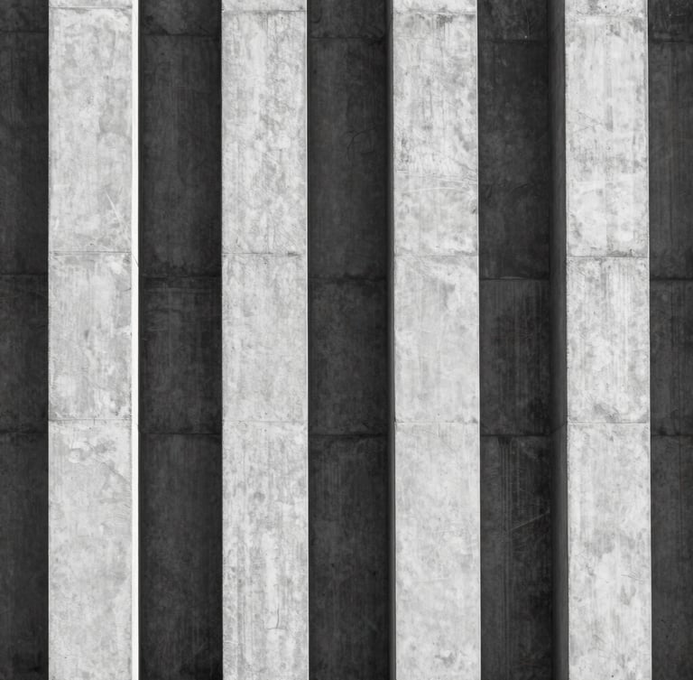 Stark architectural symmetry of a concrete monolith facade, high-contrast black and white, sharp shadows, clinical daylight, negative space on the left