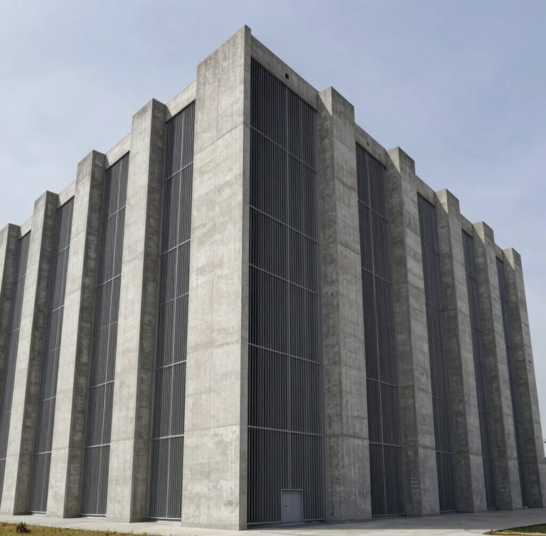Extreme wide shot of a brutalist concrete data center facility, clinical grey sky, high-contrast architectural symmetry