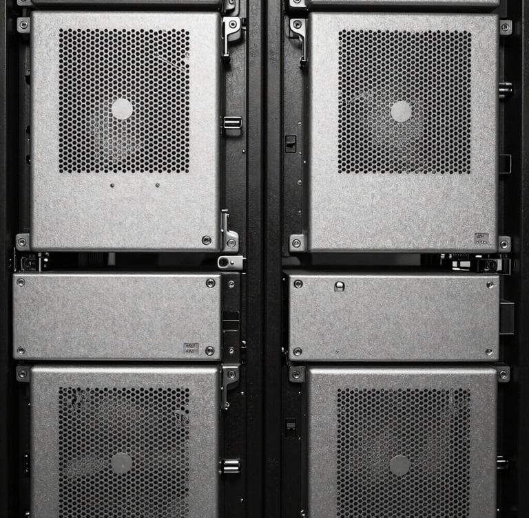 Stark, high-contrast black-and-white macro photograph of industrial server racks, clinical silver metallic textures, architectural symmetry.