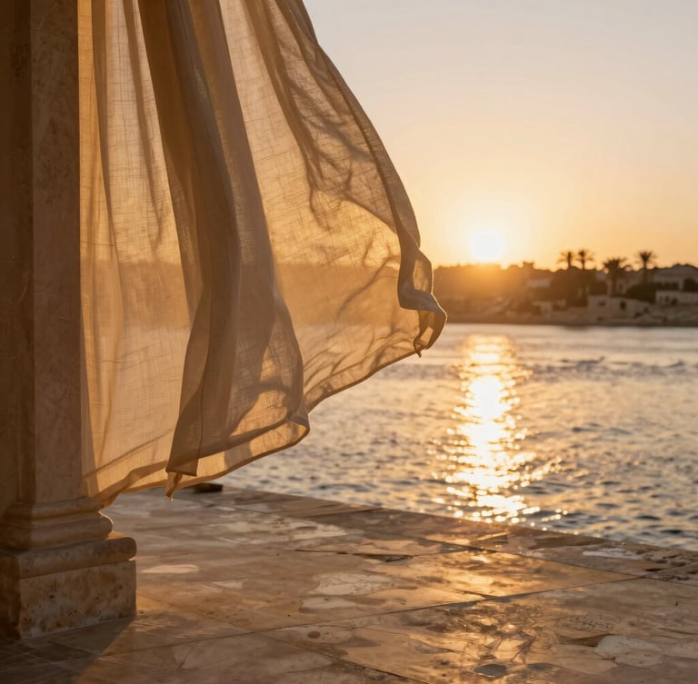 Close-up architectural detail of a luxury stone terrace overlooking the Nile at sunset, warm golden light reflecting on water, linen drapery gently blowing.