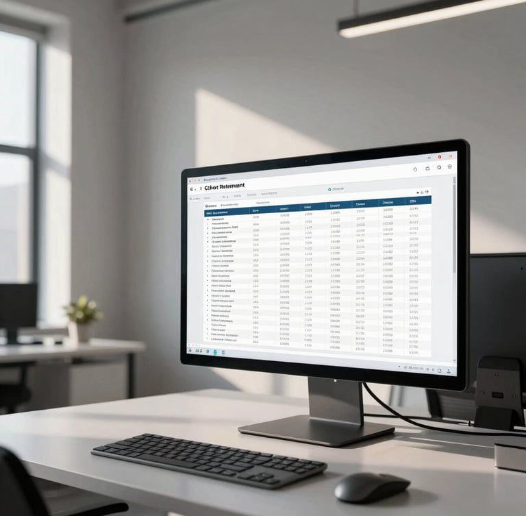 Wide environmental high-contrast photo of a CRM strategist analyzing cohort retention spreadsheets on a large monitor in a minimalist New York office, bright morning side-light, clean architectural lines.