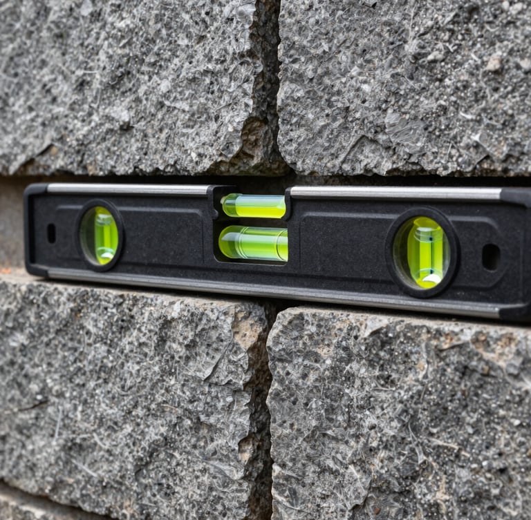 Extreme close-up of a high-contrast heavy spirit level resting on a perfectly aligned, massive slate-gray retaining wall block. Hard daylight emphasizing the rough stone texture and the precise level bubble.