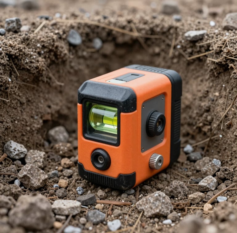 Portrait shot of a laser level resting on a compacted gravel trench base, sharp focus on the level bubble, technical precision.