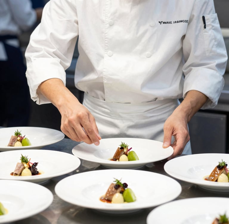 Close-up of a student in a pristine culinary uniform preparing five-star service dishes, bright daylight, sharp focus