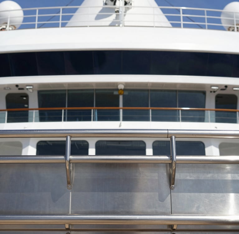 Crisp editorial photography of a modern cruise ship galley, bright natural daylight, stainless steel surfaces, 35mm lens, sharp focus
