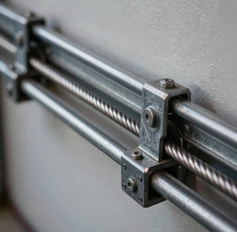 Close-up of industrial garage door steel tracks and tension cables, sharp focused work-light illumination, high-contrast mechanical details