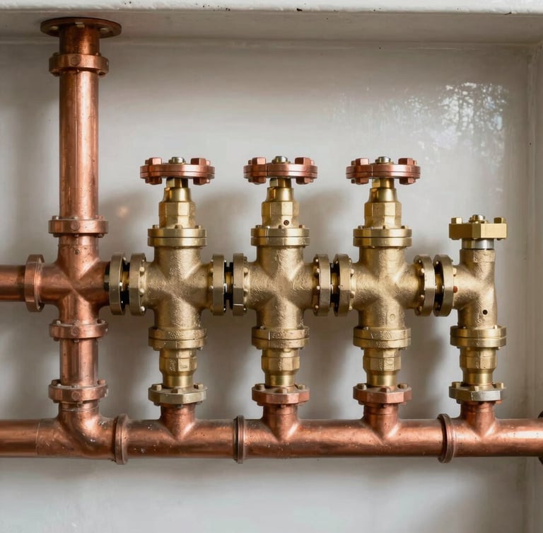 Straight-on architectural shot of a perfectly aligned plumbing manifold with copper pipes and clean brass valves, bright daylight, high visibility.