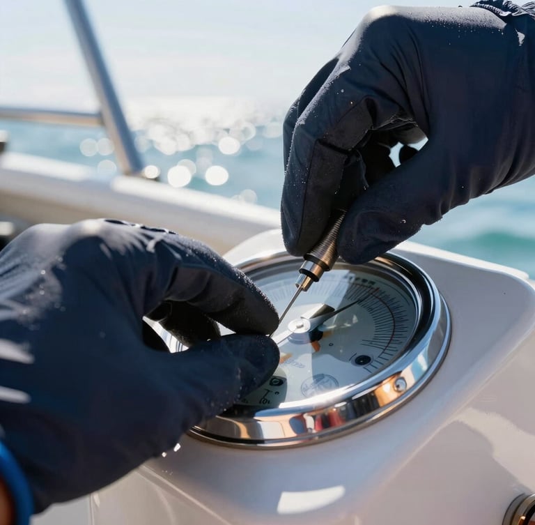Close-up of hands in gloves carefully detailing a marine instrument panel, bright morning coastal daylight, high-contrast reflections on polished surfaces
