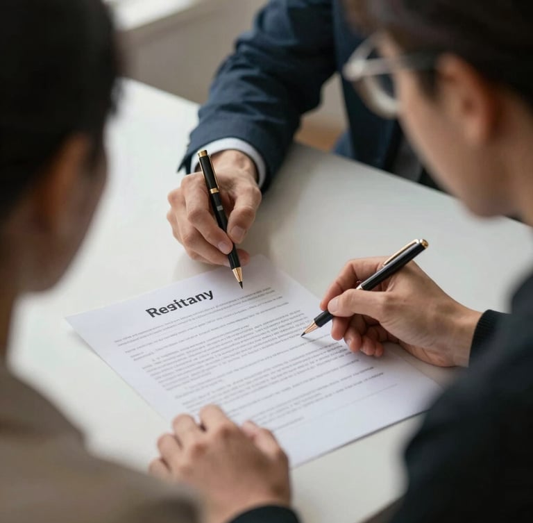 Over-the-shoulder view of two professionals reviewing a printed real estate contract on a table, soft morning light, natural interaction.