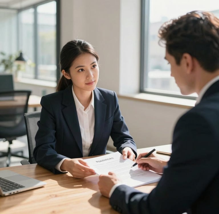 Over-the-shoulder view of an experienced broker and a young agent reviewing a physical real estate contract at a wooden table, bright natural morning daylight streaming through a window, clean architectural lines of a modern office space, shallow depth of field, authentic and unposed.