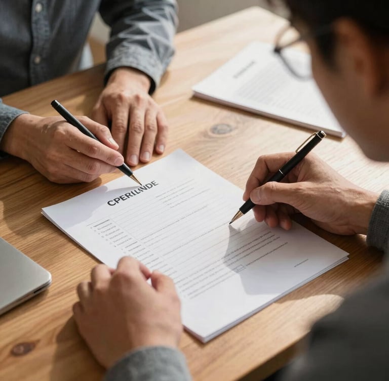 Over-the-shoulder view of two mentors reviewing physical real estate contracts at a wooden table, close-up on handwritten transaction checklists, warm morning light.