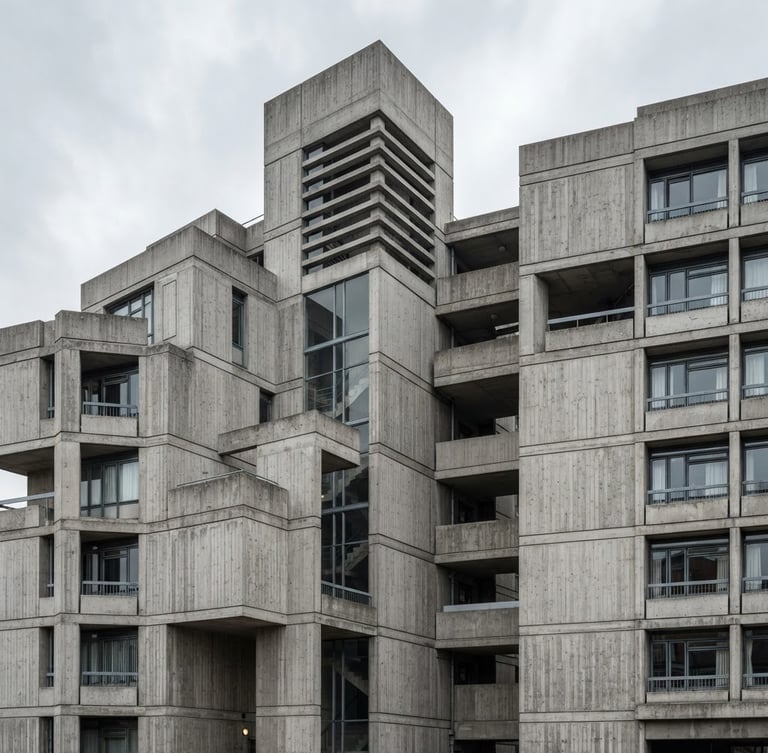 Technical architectural photography of a concrete structure under crisp overcast daylight, geometric composition, sharp focus