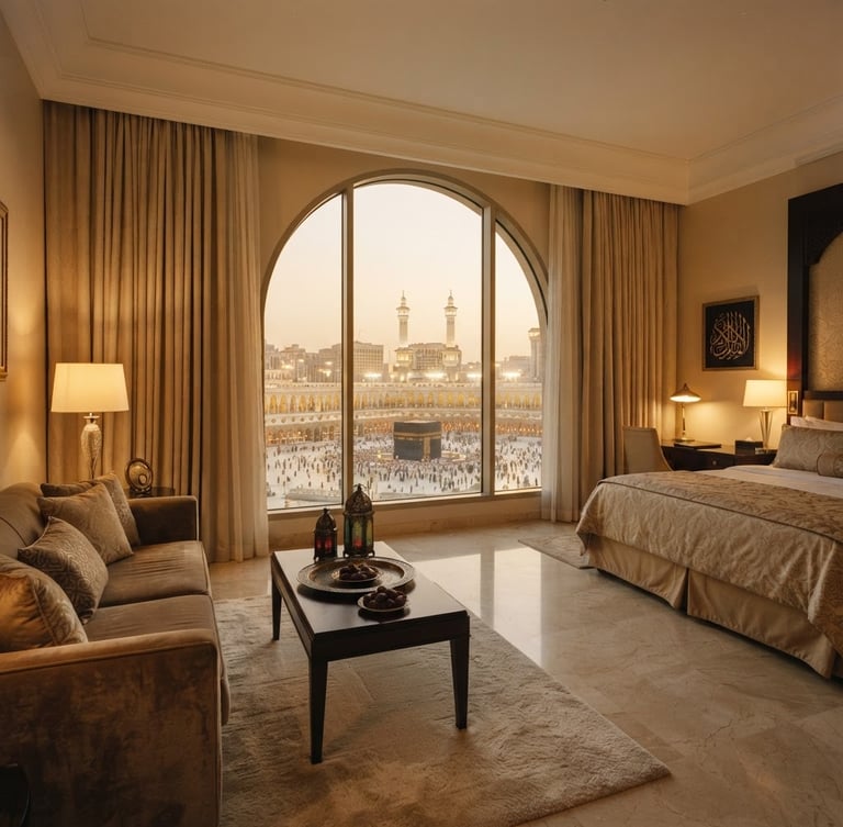 Wide-angle editorial shot of a serene luxury hotel suite in Makkah, warm golden light spilling across elegant textiles, view of the Masjid Al Haram courtyard visible through a large window, soft focus, medium format film.