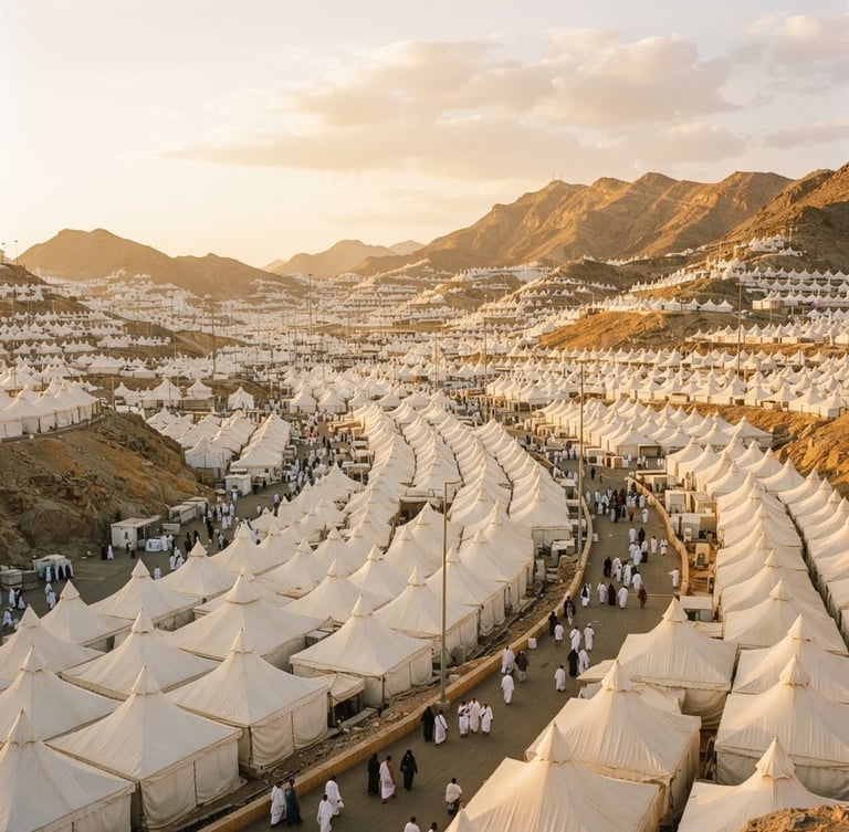 Wide-angle editorial shot of the majestic white tents of Mina during golden hour, elegant composition, soft warm light, medium format film