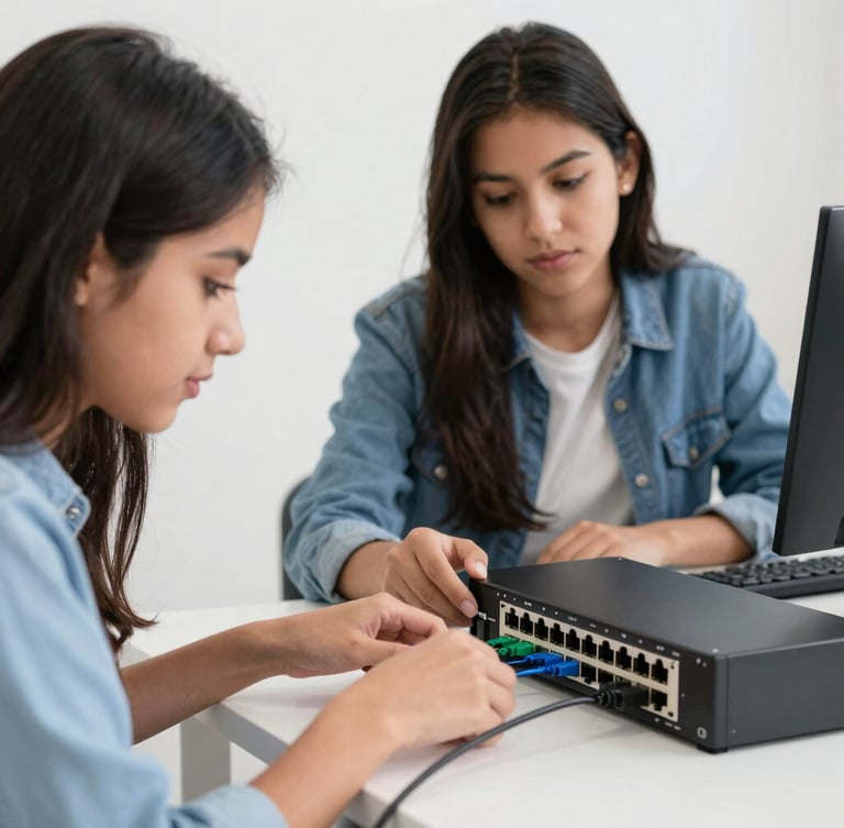 Medium close-up of Latin American students collaborating over physical networking hardware, cables and routers visible, natural classroom daylight, shallow depth of field, 35mm